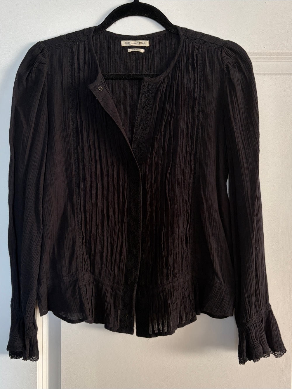 Isabel Marant Black Crinkled Long-Sleeve Peasant Blouse